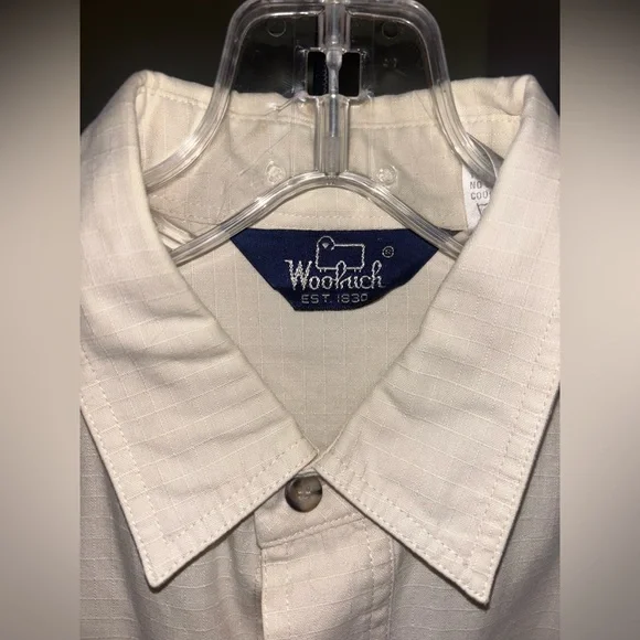 Woolrich-Dyed Pure Cotton Pima Ripstop Short Sleeve Cream Button Up Shirt Size L - Picture 4 of 4